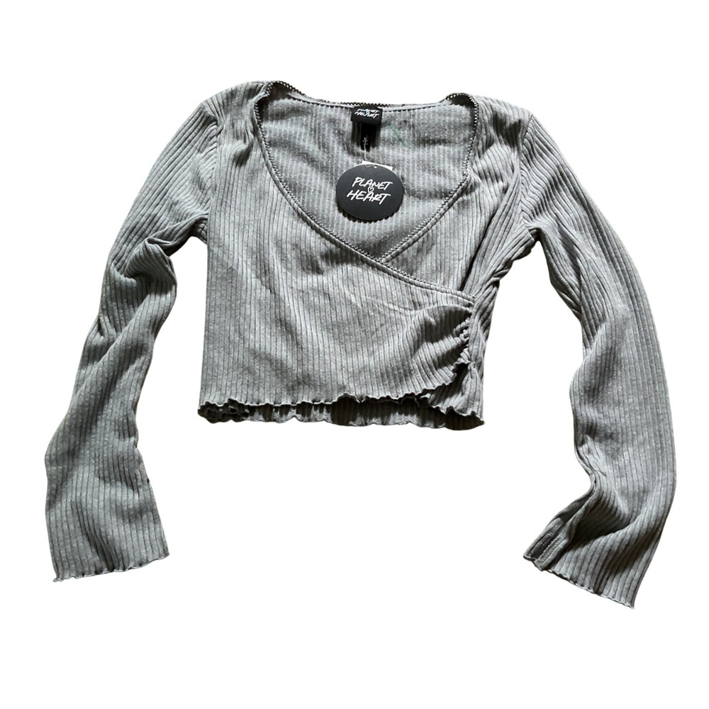 Planet Heart Gray Ribbed Faux Wrap Crop Top Long Sleeve Lettuce Edge NWT Size L